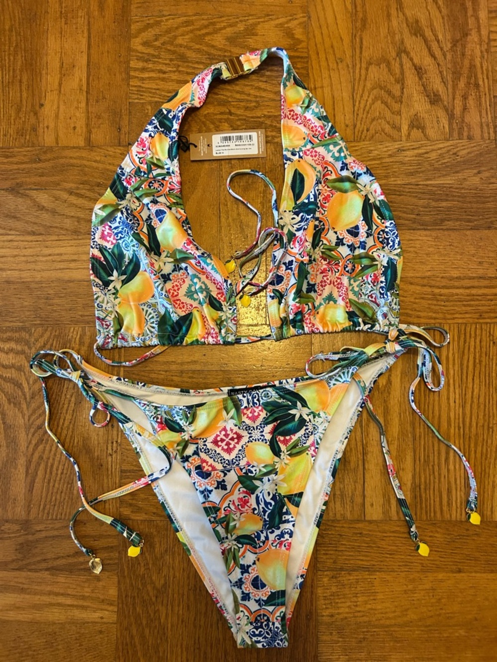 Nasty Gal Yellow Green Blue Lemon Print Halter Bikini NWT
